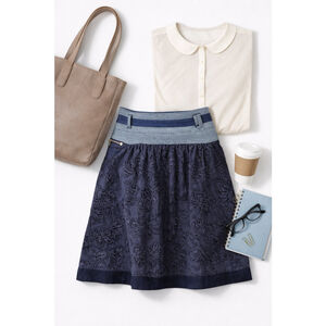 Mismash Textured Floral Midi Skirt Blue A-Line Side Zip Small Pockets